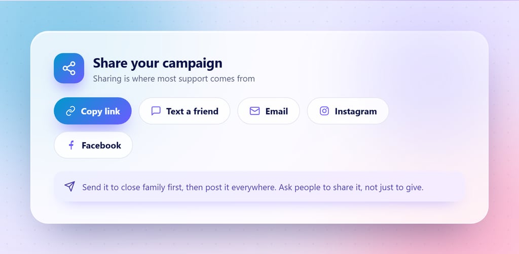 The share tool with buttons to copy the link, text a friend, email, and post to Instagram and Facebook